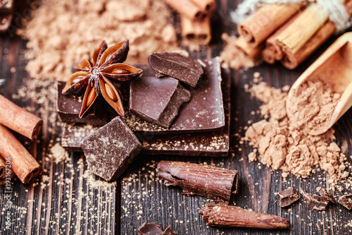 Chocolate bar pieces. Background with chocolate. Sweet food photo concept. The chunks of broken chocolate