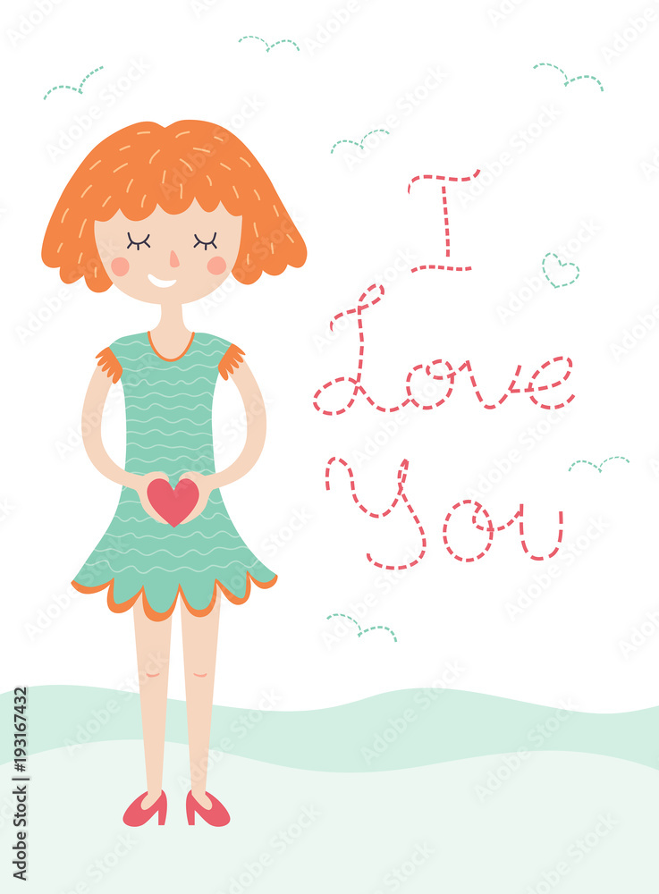 Vector card with cute girl holding heart. Romantic illustration in cartoon style for school books, print, T-shirt graphic, vintage postcard. Vector card with cute girl holding heart. Romantic illustration in cartoon style for school books, print, T-shirt graphic, vintage postcard.