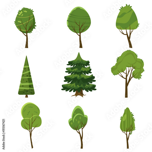 Set of trees, stylization, cartoon style, isolated, vector, illustration