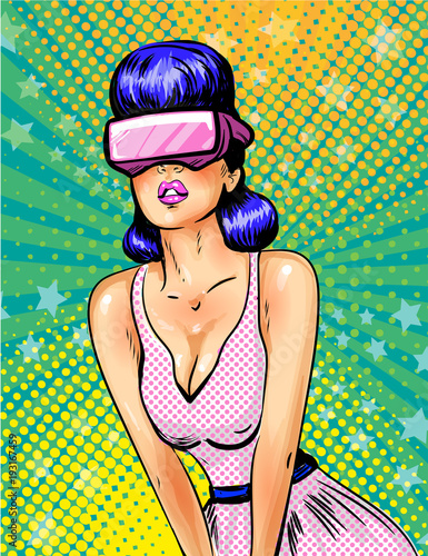 Vector pop art pretty young girl in virtual reality glasses