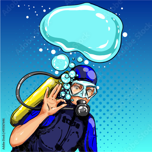 Vector pop art diver showing ok hand sign