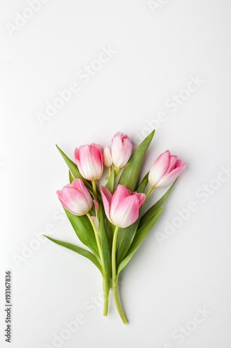 Pink tulip flowers bouquet on white background. Flat lay, top view.