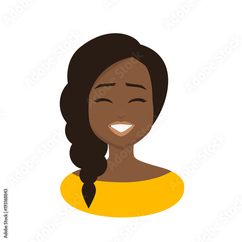 Set facial expressions of Young african  business woman wearing yellow costume. Black  Woman Face. Vector illustration isolated from white background