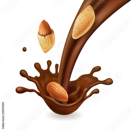 Almonds nuts in chocolate flow, vector realistic 3d illustration