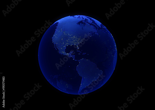 Blue point world globe North America and South America map with white dot cities on dark background.