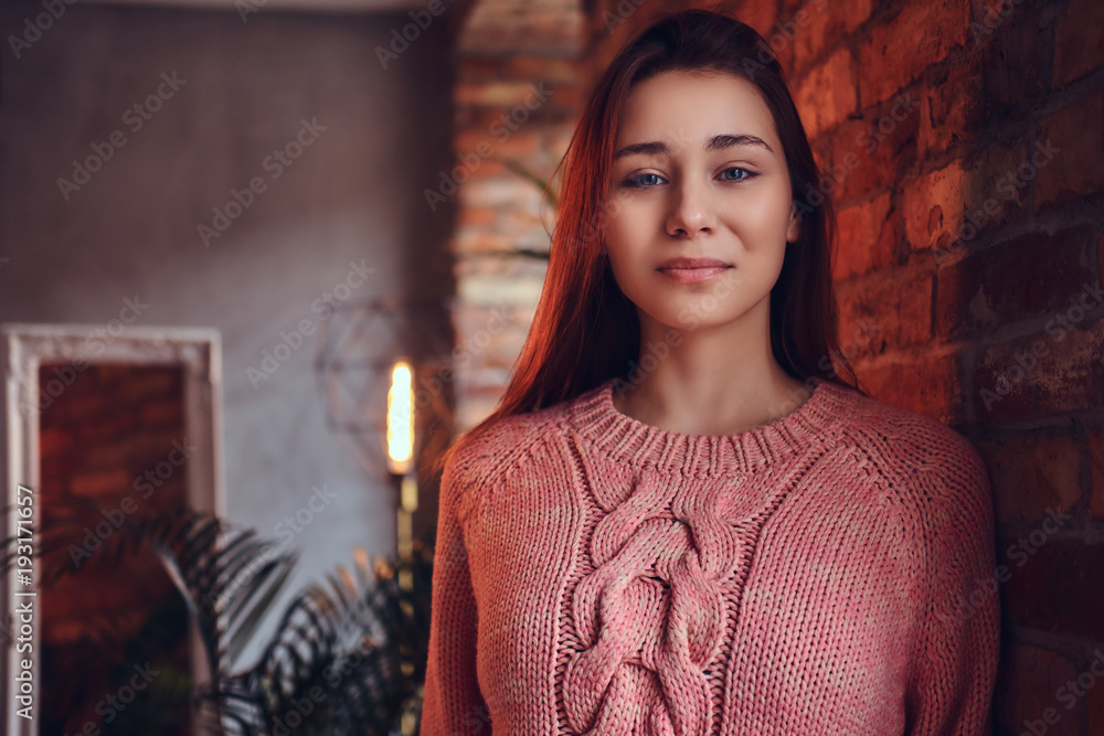 A beautiful charming brunette in a room with loft interior. A beautiful charming brunette in a room with loft interior.