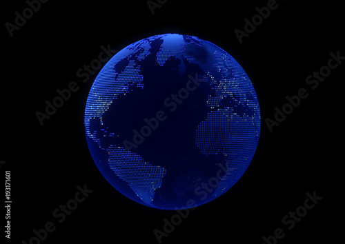 Blue point world globe map with white dot cities on dark background.