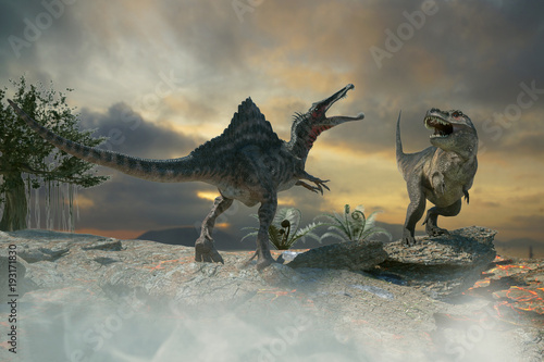 Fototapeta Naklejka Na Ścianę i Meble -  3D Illustration of a battle between two prehistoric dinosaur