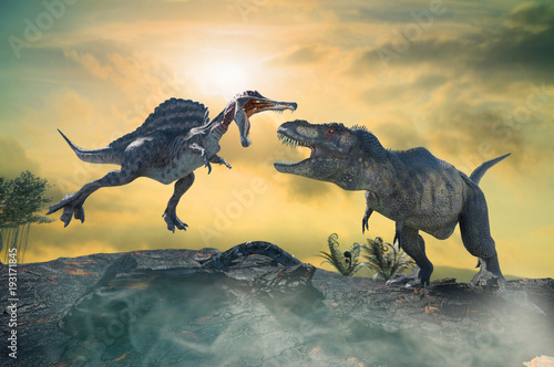 3D Illustration of a battle between two prehistoric dinosaur © de Art