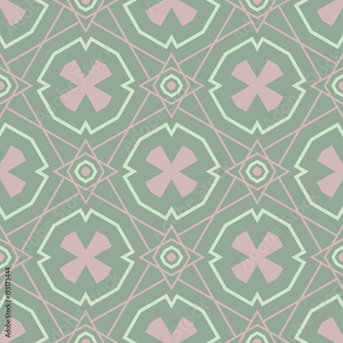 Geometric dark green seamless background wth pink elements