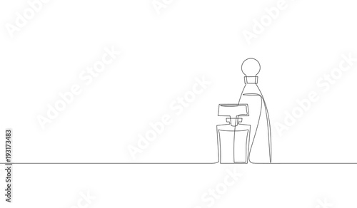 Single continuous line art perfume bottle silhouette. Woman fragrance glamour symbol glass package aroma spray concept design one sketch doodle outline drawing vector illustration