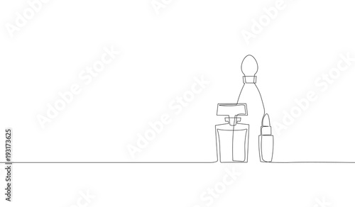 Single continuous line art perfume bottle lipstick cosmetics silhouette. Woman fragrance glamour symbol glass package aroma spray concept design one sketch doodle outline drawing vector illustration