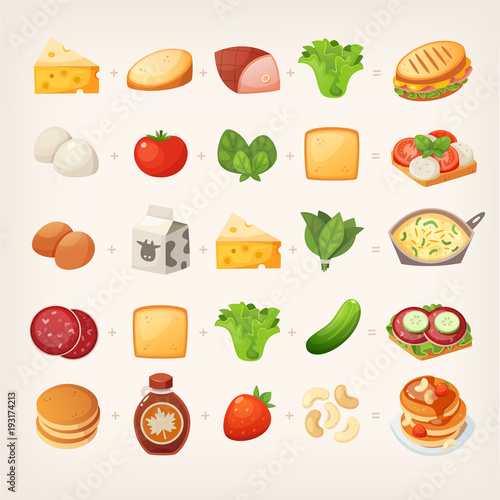 Set of colorful products and ingredients for making healthy tasty family breakfast dishes. Plus ready to eat dishes from different countries. Isolated vector images.