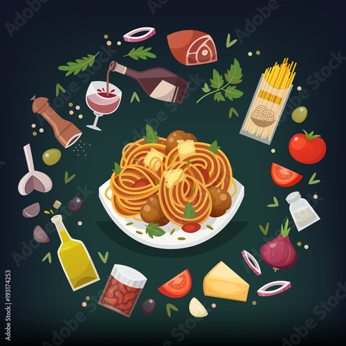 Spaghetti Bolognese with meatballs and tomato sauce and herbs with ingredients for cooking around it. Pasta dish vector illustration