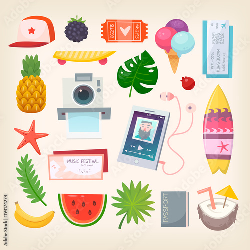 Set of colorful pictures of elements and icons to represent hot adventurous summer season. Vector illustration.