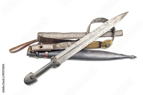 Konstfotografi old caucasian dagger with a belt on a white background, isolated