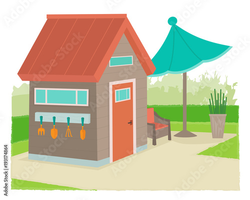 Modern Style Shed - Modern style garden shed with gardening tools and neat landscape. Eps10