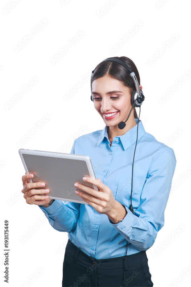 Woman customer service worker, call center smiling operator with phone headset Woman customer service worker, call center smiling operator with phone headset