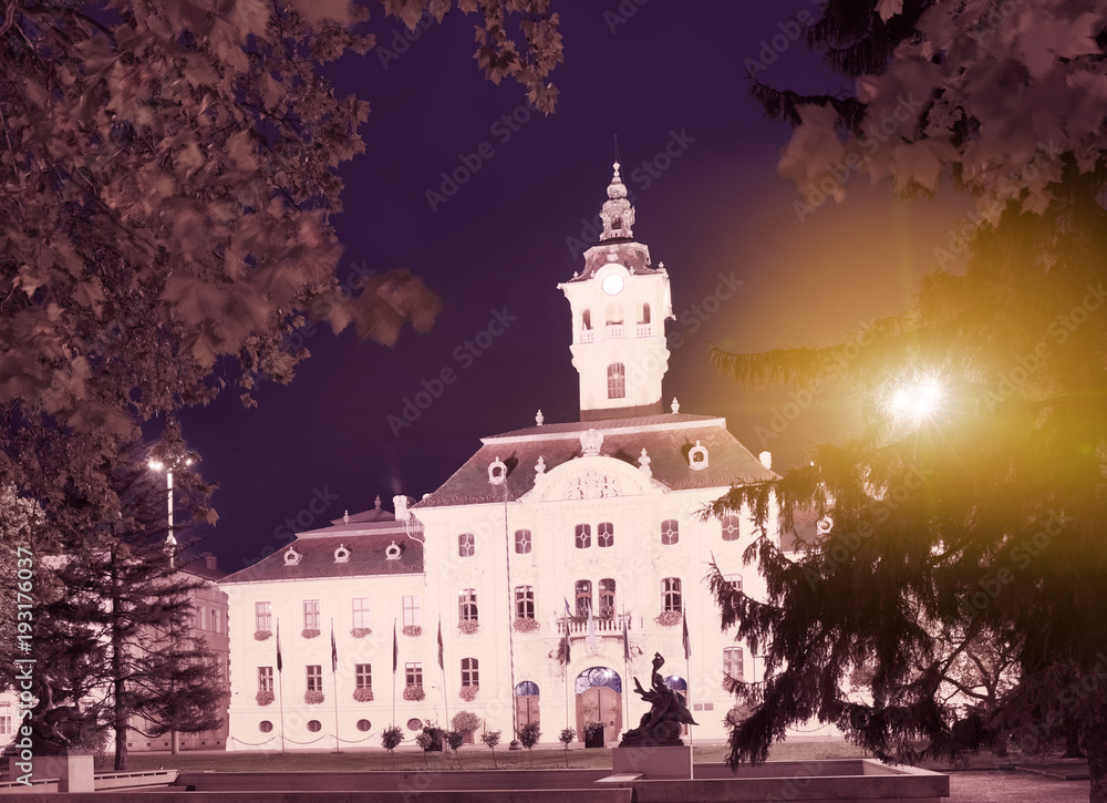 Illustration of view on City Hall in night light of Szeged