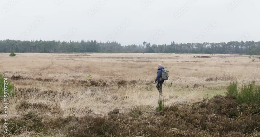 man traveling and hiking in nordic nature by lakes and in forest