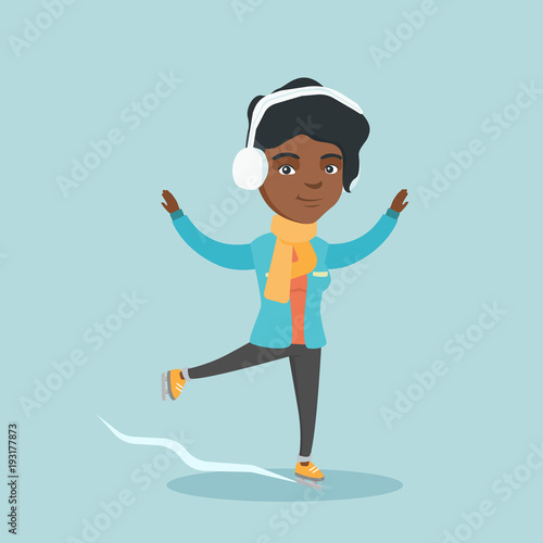 Young happy african-american woman ice skating outdoors. Excited woman posing at a skating rink. Concept of winter leisure activities. Vector cartoon illustration. Square layout.