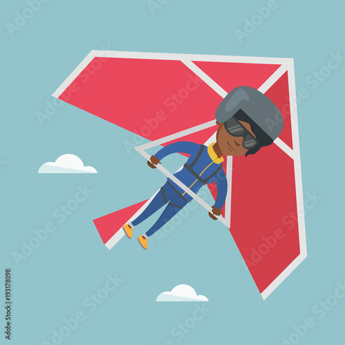 Young african-american woman flying on hang-glider. Sportswoman taking part in hang gliding competition. Woman having fun while gliding on deltaplane in sky. Vector cartoon illustration. Square layout