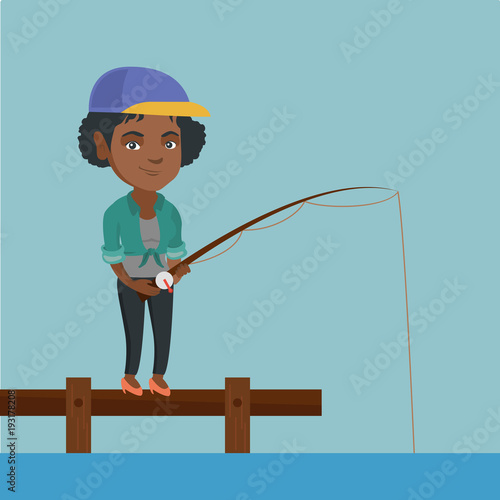 Young african-american woman relaxing during fishing on jetty. Cheerful fisherwoman fishing on lake. Angler standing on the jetty with fishing-rod in hands. Vector cartoon illustration. Square layout.