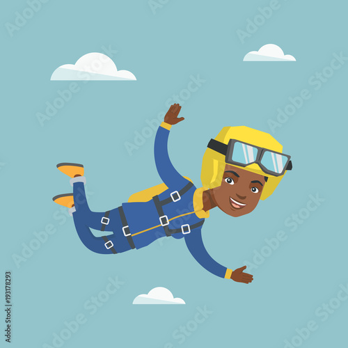African-american parachutist jumping with a parachute. Professional parachutist falling through the air. Happy young woman flying with a parachute in sky. Vector cartoon illustration. Square layout.