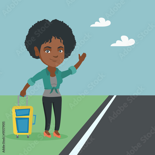 African woman with s suitcase hitchhiking on the roadside. Hitchhiking woman trying to stop a car on a highway. Woman catching a taxi car by waving hand. Vector cartoon illustration. Square layout.