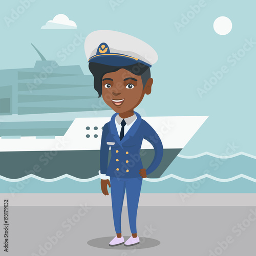 African-american female ship captain standing on the background of sea and cruise ship. Young ship captain in uniform standing on the seacoast background. Vector cartoon illustration. Square layout.