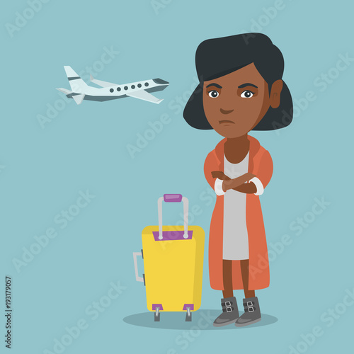 Young african airplane passenger frightened by future flight. Woman suffering from fear of flying. Terrified passenger with suitcase waiting for a flight. Vector cartoon illustration. Square layout.