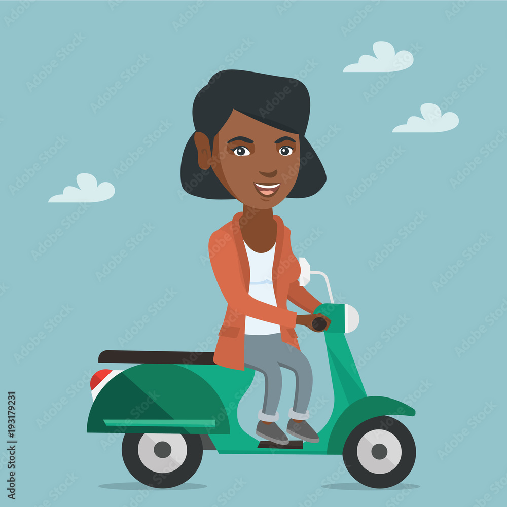 Young african-american woman riding a scooter outdoor. Smiling business woman traveling on a scooter. Happy woman enjoying her trip on a scooter. Vector cartoon illustration. Square layout.