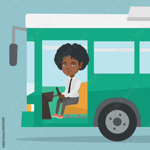 Young african-american bus driver sitting at steering wheel. Female bus driver driving a passenger bus. Smiling bus driver sitting in the driver cab. Vector cartoon illustration. Square layout.