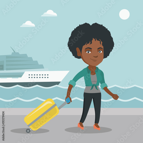 Young african-american passenger walking on the background of cruise liner. Smiling happy passenger with a suitcase goes to a cruise liner along the station. Vector cartoon illustration. Square layout