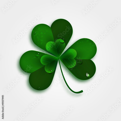 Saint Patrick's Day green three leaf clover with dew drops isolated on white background. Holiday 3d icon. Vector illustration. photo