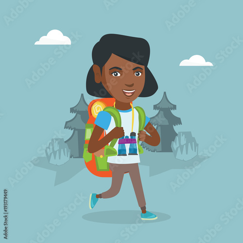 Young african-american backpacker with a backpack and binoculars walking outdoors. Cheerful backpacker hiking in the forest during summer trip. Vector cartoon illustration. Square layout.