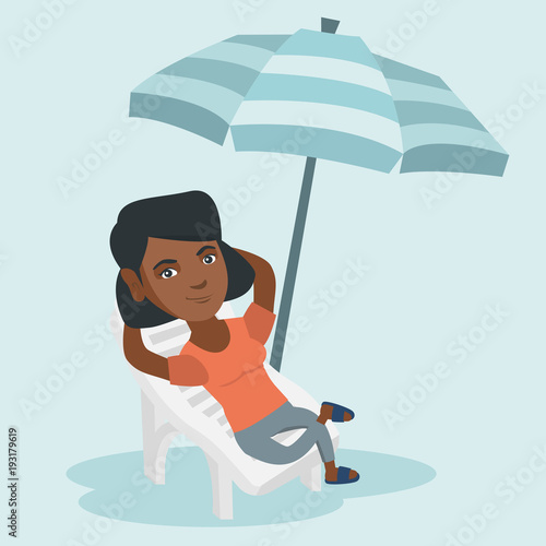 Young african-american woman sitting on the chaise-longue under beach umbrella. Happy woman resting on the chaise-longue with folded arms behind her head. Vector cartoon illustration. Square layout.