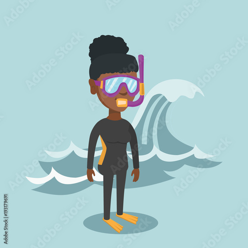 Young african-american scuba diver in diving suit, flippers, mask and tube standing on the background of a big wave. Full length of female scuba diver. Vector cartoon illustration. Square layout.