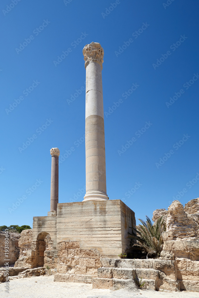 Two surviving columns of the old Roman Empire on the ruins in Carthage - Tunisia.