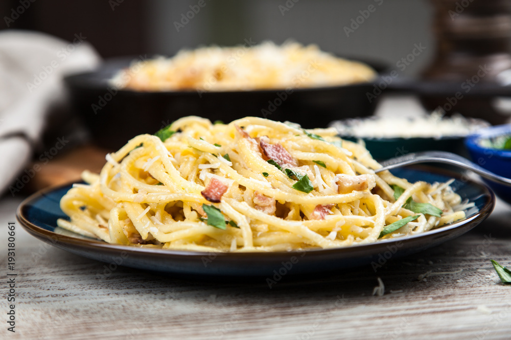 Spaghetti carbonara with egg and pancetta Spaghetti carbonara with egg and pancetta