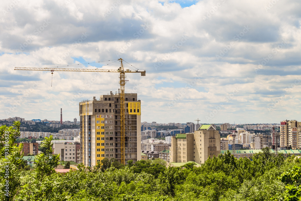 Belgorod cityscape skyline, Russia. Aerial view in daylight. Residential multi-storey apartment blocks in center of the city. Construction of houses.
