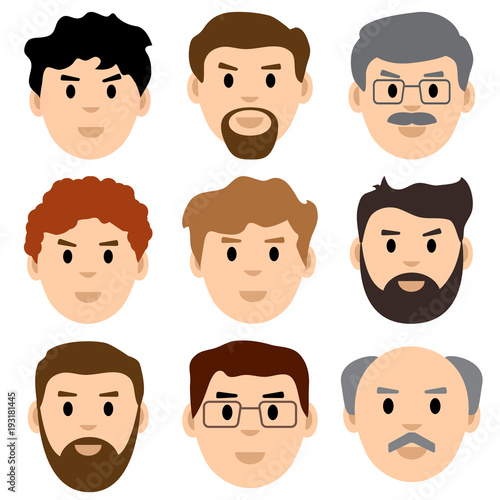 Colored set of avatars, faces of men. Male characters. Vector illustration