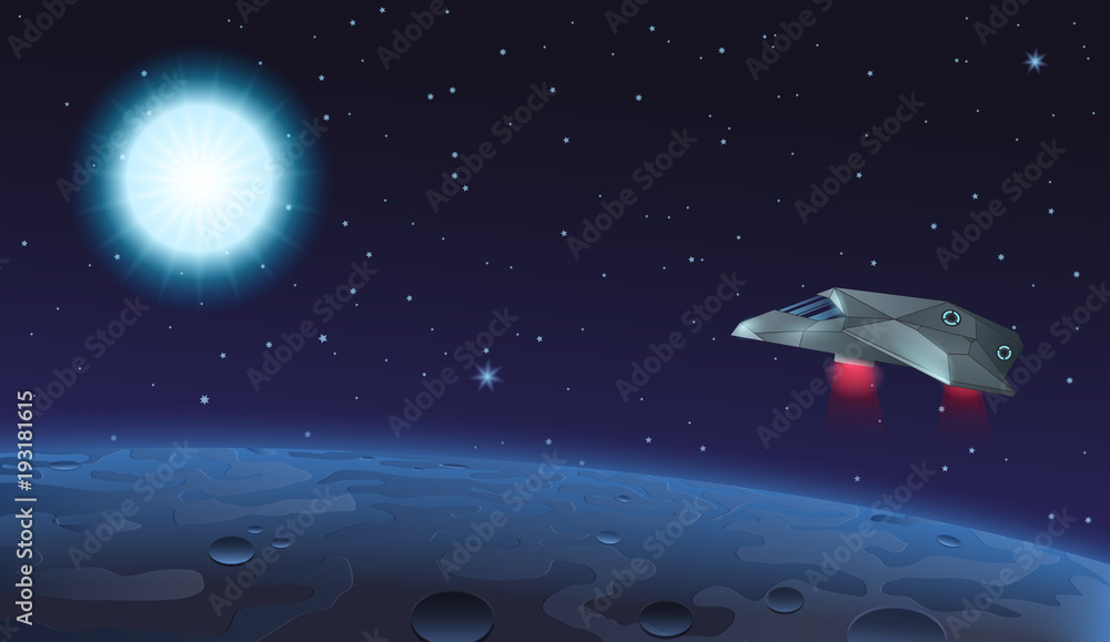 Vector illustration of spaceship flying over alien planet to blue sun star in opened space. Vector illustration of spaceship flying over alien planet to blue sun star in opened space.