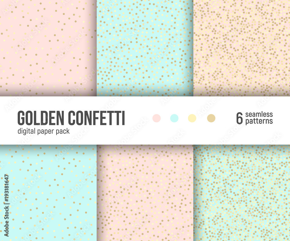 Gold confetti on pale pastel pink, peach, mint background. Digital paper pack, set of 6 abstract geometric backgrounds. Seamless vector patterns collection. 