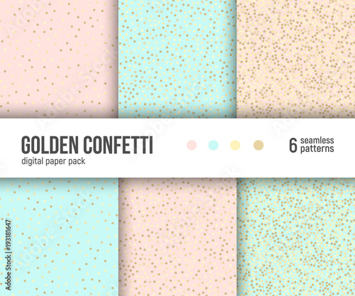 Gold confetti on pale pastel pink, peach, mint background. Digital paper pack, set of 6 abstract geometric backgrounds. Seamless vector patterns collection. 