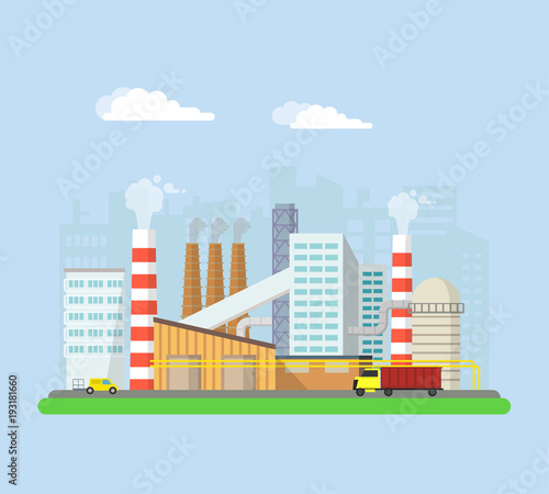 Factory from the outside. Pipes and blast furnaces, working machines. Buildings and facilities of the factory. Vector flat illustration