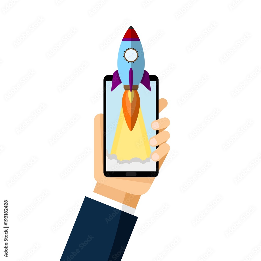 Smartphone with launch rocket. Flat rocket icon. Startup concept. Project development Smartphone with launch rocket. Flat rocket icon. Startup concept. Project development