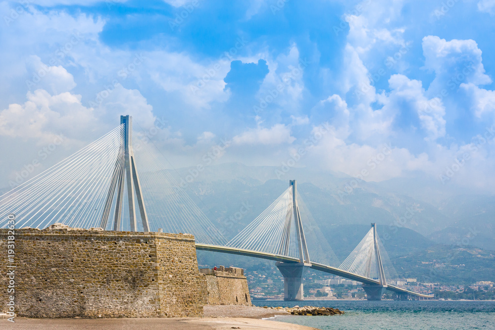 Obraz premium Suspension bridge crossing Corinth Gulf strait, Greece. Is the world's second longest cable-stayed bridge