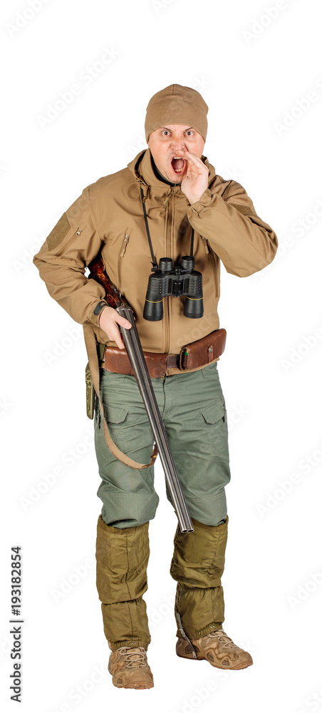 Full length portrait of a male hunter with double barreled shotgun Isolated on white background. hunting and people concept. Full length portrait of a male hunter with double barreled shotgun Isolated on white background. hunting and people concept.
