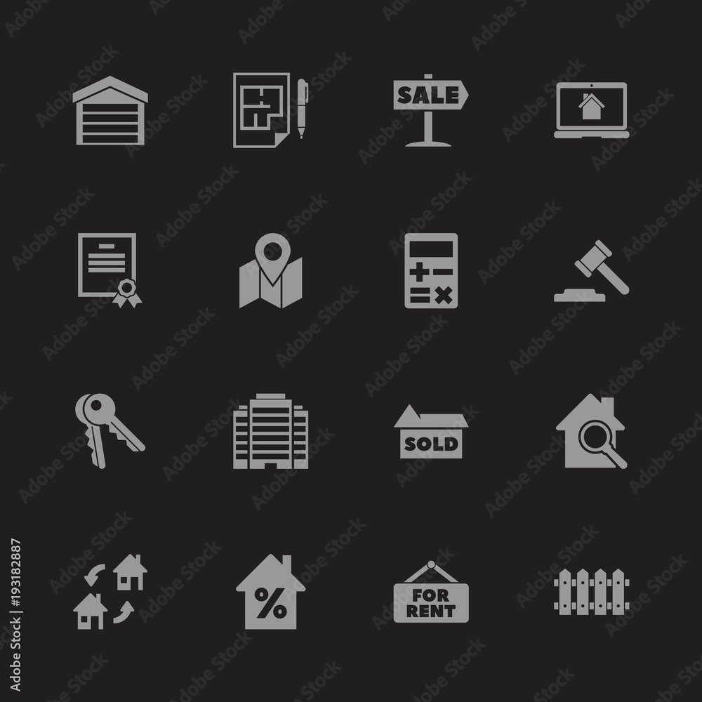 Real Estate icons - Gray symbol on black background. Simple illustration. Flat Vector Icon. Real Estate icons - Gray symbol on black background. Simple illustration. Flat Vector Icon.